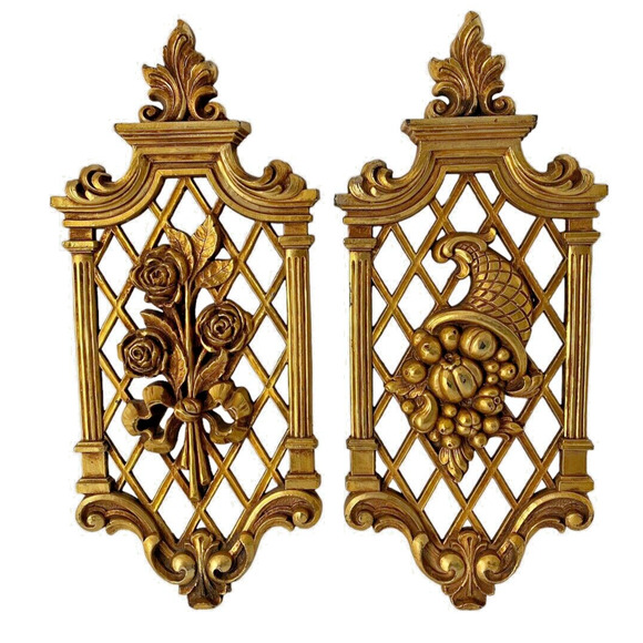 Vintage Gold Floral Wall Hanging Decor Hollywood Regency Spring Fall Retro - Picture 1 of 9